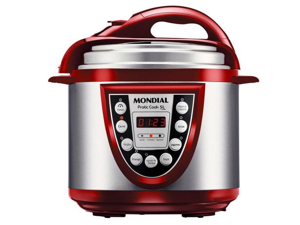 Panela de Pressão Elétrica Mondial Pratic Cook - 700W 5 Litros Timer Vemelho e Prata