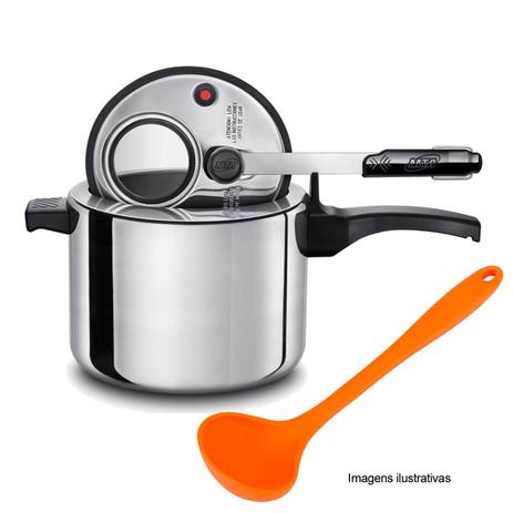 Panela Pressão 4,5l Polida MTA c/ Concha Silicone Laranja Menor preço em Panela Pressão 4,5l Polida MTA c/ Concha Silicone Laranja
