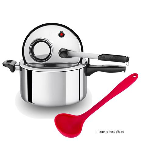Panela Pressão 6l Polida MTA c/ Concha Silicone Vermelha Menor preço em Panela Pressão 6l Polida MTA c/ Concha Silicone Vermelha