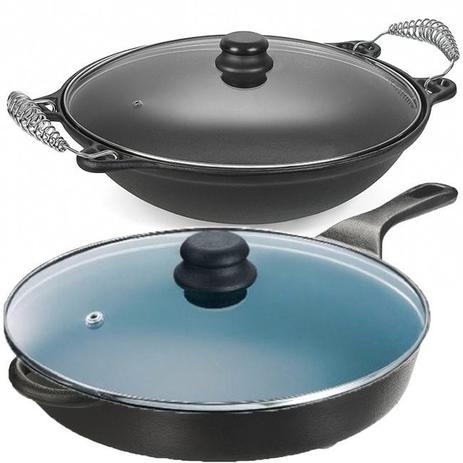 Panela Wok E Frigideira Cabo De Ferro Com Tampa De Vidro - Panela mineira Menor preço em Panela Wok E Frigideira Cabo De Ferro Com Tampa De Vidro - Panela mineira