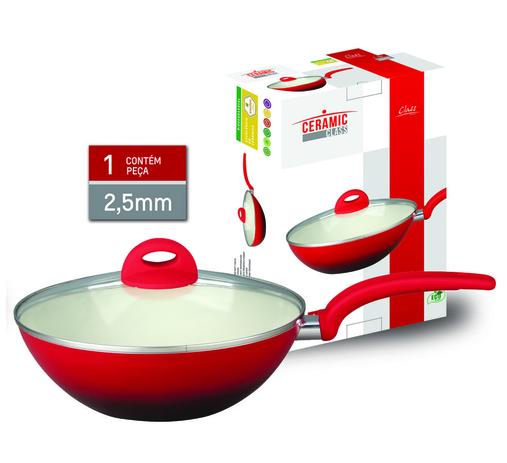 Panela Wok Revestida com Revestimento Cerâmico Antiaderente Vermelha 28 cm com Cabo - Class home Menor preço em Panela Wok Revestida com Revestimento Cerâmico Antiaderente Vermelha 28 cm com Cabo - Class home