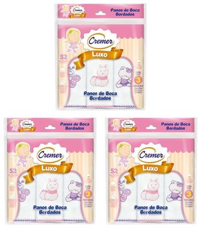 Pano de Boca Menina Rosa Cremer - Kit Com 3 Pacotes - 35x35cm Menor preço em Pano de Boca Menina Rosa Cremer - Kit Com 3 Pacotes - 35x35cm