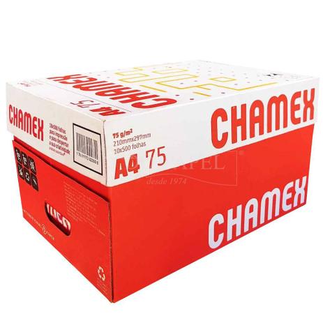 Papel Chamex A4 21cm x 29,7cm 75g 500 Folhas Branco com 10 Pacotes Menor preço em Papel Chamex A4 21cm x 29,7cm 75g 500 Folhas Branco com 10 Pacotes
