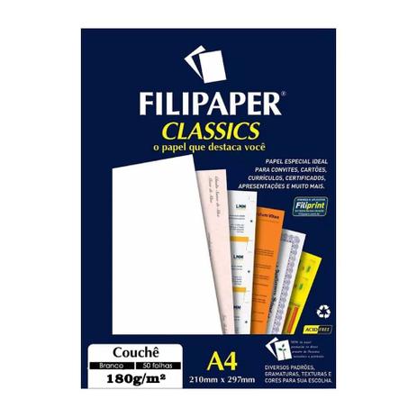 Papel Couchê Branco A4 210x297mm 180g/m² Filipaper 50 Folhas Menor preço em Papel Couchê Branco A4 210x297mm 180g/m² Filipaper 50 Folhas