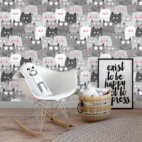 Papel de Parede Adesivo Rolo 0,58x3,00M Gatos Cinza Infantil 365928 - Papel na parede é boa?