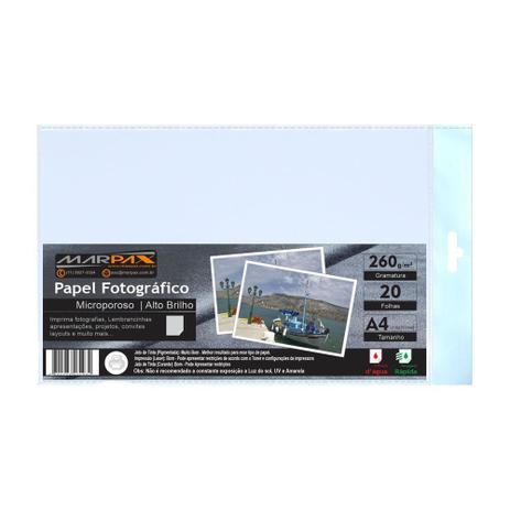 Papel Fotográfico 260g Microporoso Brilho A4 Marpax 20fls Menor preço em Papel Fotográfico 260g Microporoso Brilho A4 Marpax 20fls