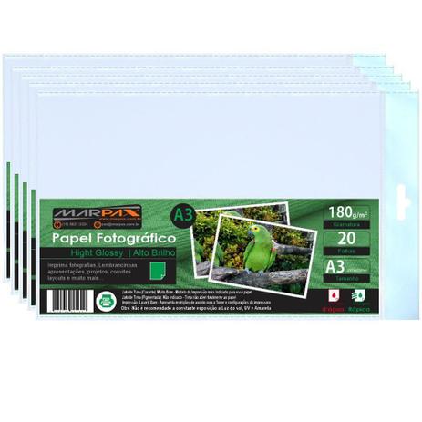 Papel Fotográfico A3 180g Brilhante 297x420mm Marpax 100Fls Menor preço em Papel Fotográfico A3 180g Brilhante 297x420mm Marpax 100Fls
