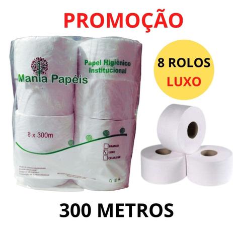 Papel Higiênico 300 Metros Luxo PCT c/8 Rolos - Mania Menor preço em Papel Higiênico 300 Metros Luxo PCT c/8 Rolos - Mania