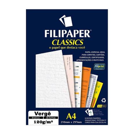 Papel Vergê Branco A4 210x297mm 120g/m² Filipaper 30 Folhas Menor preço em Papel Vergê Branco A4 210x297mm 120g/m² Filipaper 30 Folhas