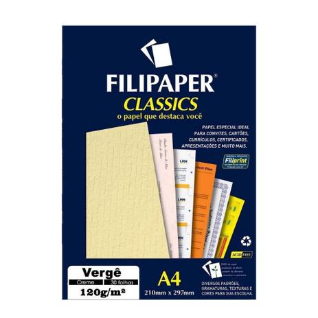 Papel Vergê Creme A4 210x297mm 120g/m² Filipaper 30 Folhas Menor preço em Papel Vergê Creme A4 210x297mm 120g/m² Filipaper 30 Folhas