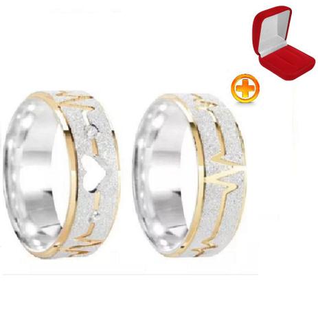 Par Aliança Prata Namoro Coração Vazado Ouro - Jewelery Menor preço em Par Aliança Prata Namoro Coração Vazado Ouro - Jewelery