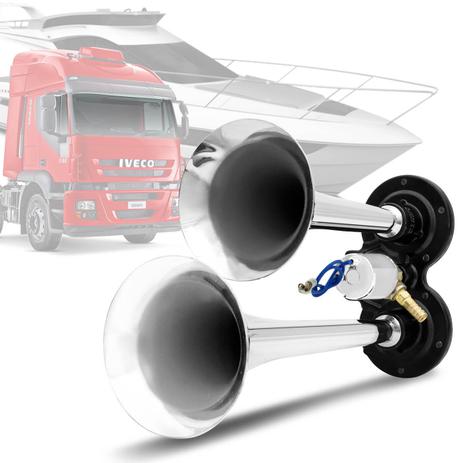 Par de Buzinas Automotivas Eletropneumáticas Cornetas Cromadas Caminhão 24V - Vetor Menor preço em Par de Buzinas Automotivas Eletropneumáticas Cornetas Cromadas Caminhão 24V - Vetor
