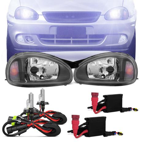 Par Farol Corsa Hatch Sedan Wagon Wind 94 a 02 Pick Up 94 a 03 Classic 03 a 10 + Kit Xênon H4 6000K - Kit Prime Menor preço em Par Farol Corsa Hatch Sedan Wagon Wind 94 a 02 Pick Up 94 a 03 Classic 03 a 10 + Kit Xênon H4 6000K - Kit Prime