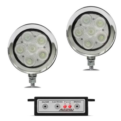 Par Farol de Milha Auxiliar Universal Strobo Safety Car 6 LEDs 12V 9 Efeitos Luz Azul e Branca - Autopoli Menor preço em Par Farol de Milha Auxiliar Universal Strobo Safety Car 6 LEDs 12V 9 Efeitos Luz Azul e Branca - Autopoli