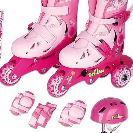 Patins Infantil Tri-line Ajustável 30/33 C/ Kit Proteção Rosa - Fenix Menor preço em Patins Infantil Tri-line Ajustável 30/33 C/ Kit Proteção Rosa - Fenix