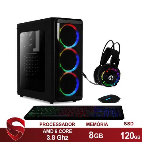 PC Gamer AMD 6-Core CPU 3.8Ghz 8GB (Placa de vídeo Radeon R5 2GB) SSD 120GB Kit Gamer Skill - Skill Gaming Menor preço em PC Gamer AMD 6-Core CPU 3.8Ghz 8GB (Placa de vídeo Radeon R5 2GB) SSD 120GB Kit Gamer Skill - Skill Gaming