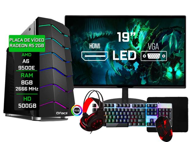 Pc Gamer Completo Fácil Amd A6 9500E Radeon R5 2gb 8GB DDR4 HD 500GB Monitor 19” - Kit Gamer Teclado Mouse Headset - Facíl Computadores Menor preço em Pc Gamer Completo Fácil Amd A6 9500E Radeon R5 2gb 8GB DDR4 HD 500GB Monitor 19” - Kit Gamer Teclado Mouse Headset - Facíl Computadores