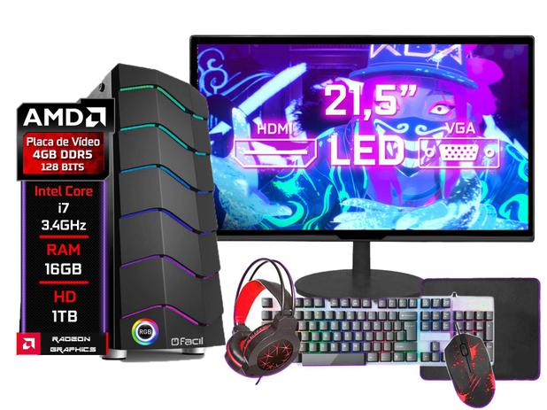 PC Gamer Fácil Completo Intel Core I7 3.4 GHz 16GB Radeon 4GB HD 1TB Monitor 21" - Kit Gamer Teclado Mouse Headset - Fácil Computadores é boa?