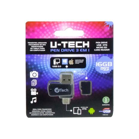 Pen Drive 16gb Para Celular Android 3 Em 1 Cartao Sd U-tech Menor preço em Pen Drive 16gb Para Celular Android 3 Em 1 Cartao Sd U-tech
