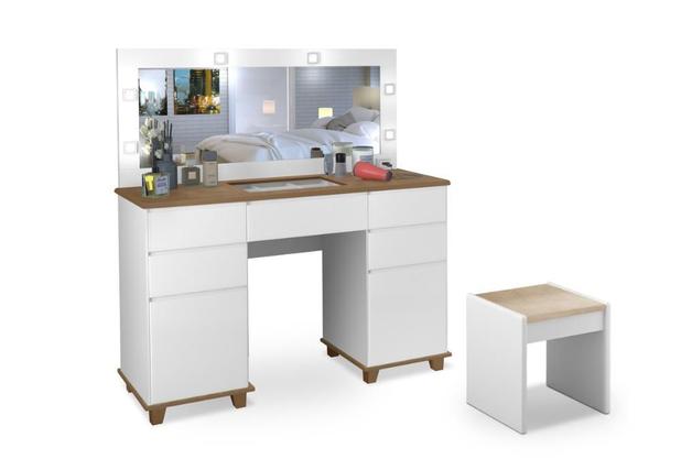 Penteadeira Camarim Clean Banqueta 100%MDF Branco Amadeirado Led Espelho Pés Madeira Ofertamo Menor preço em Penteadeira Camarim Clean Banqueta 100%MDF Branco Amadeirado Led Espelho Pés Madeira Ofertamo