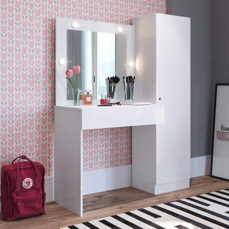 Penteadeira Camarim com Led Espelho Armário Alto e 1 Gaveta Chanel Siena Móveis Branco Menor preço em Penteadeira Camarim com Led Espelho Armário Alto e 1 Gaveta Chanel Siena Móveis Branco