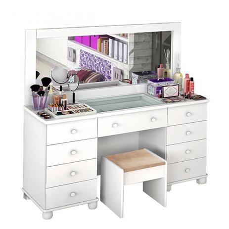 Penteadeira Camarim New 9 Gavetas com Espelho e Banqueta - Branco Acetinado - Potente móveis Menor preço em Penteadeira Camarim New 9 Gavetas com Espelho e Banqueta - Branco Acetinado - Potente móveis
