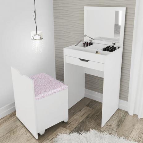 Penteadeira com 1 Gaveta e Puff Baú - Branco/ Tecido 408 - Tecno mobili Menor preço em Penteadeira com 1 Gaveta e Puff Baú - Branco/ Tecido 408 - Tecno mobili