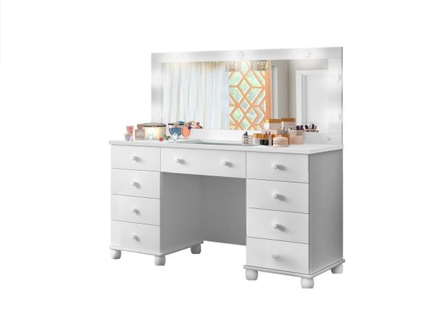 Penteadeira lx Camarim 9 gavetas Branco com led e espelho - Potente Móveis Menor preço em Penteadeira lx Camarim 9 gavetas Branco com led e espelho - Potente Móveis