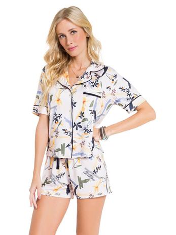 Pijama de botão florido com manga feminino algodão - Veggi