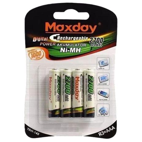 Pilha Ni-MH Recarregável Palito AAA 2700mAh 4 Unidades - Maxday Menor preço em Pilha Ni-MH Recarregável Palito AAA 2700mAh 4 Unidades - Maxday