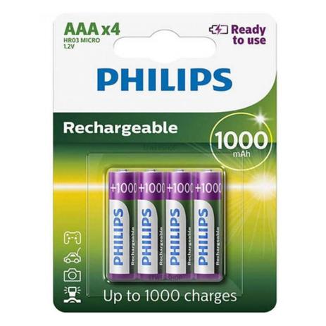 Pilha Recarregável Philips Aaa 1000 mAh Palito com 4 Unidades Prontas pro Uso RTU Menor preço em Pilha Recarregável Philips Aaa 1000 mAh Palito com 4 Unidades Prontas pro Uso RTU