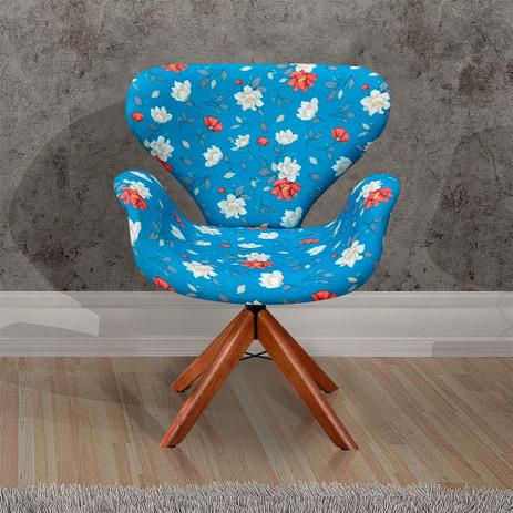 Poltrona Decorativa Anne Base Giratória Madeira Azul Floral - Bella Decor Menor preço em Poltrona Decorativa Anne Base Giratória Madeira Azul Floral - Bella Decor