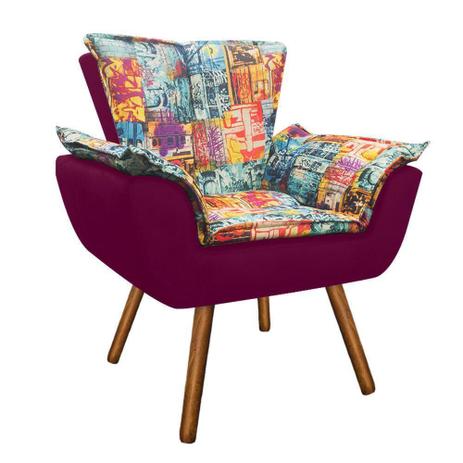 Poltrona Decorativa Opala Suede Composê Estampado Street D05 e Suede Vinho - D'Rossi Menor preço em Poltrona Decorativa Opala Suede Composê Estampado Street D05 e Suede Vinho - D'Rossi
