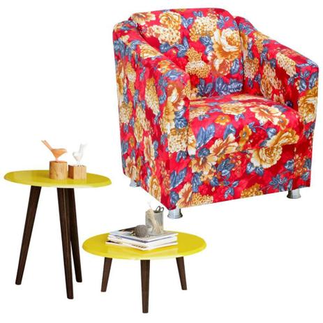 Poltrona Decorativa Para Sala Laura Vermelho Estampado com Mesa de Centro e Lateral Amarelo Brilho - Lyam Decor Menor preço em Poltrona Decorativa Para Sala Laura Vermelho Estampado com Mesa de Centro e Lateral Amarelo Brilho - Lyam Decor