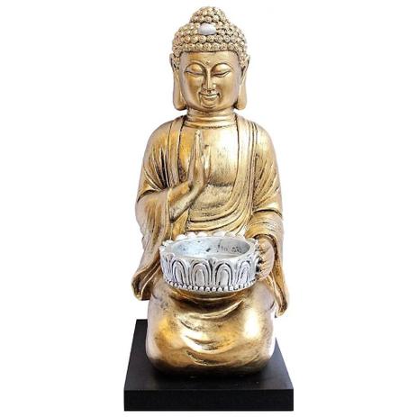 Porta Velas Buddha Dourado com Base em Madeira - Relaxar e meditar Menor preço em Porta Velas Buddha Dourado com Base em Madeira - Relaxar e meditar
