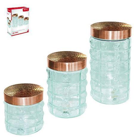 Pote de vidro redondo quadriculado transparente para mantimentos com tampa cobre / rose kit com 3 pecas - Wellmix Menor preço em Pote de vidro redondo quadriculado transparente para mantimentos com tampa cobre / rose kit com 3 pecas - Wellmix