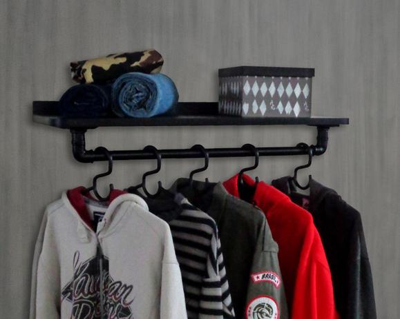 Prateleira Suporte Cabideiro de Parede Roupas e Acessórios Estilo Industrial - Preto Laca - Formalivre Menor preço em Prateleira Suporte Cabideiro de Parede Roupas e Acessórios Estilo Industrial - Preto Laca - Formalivre