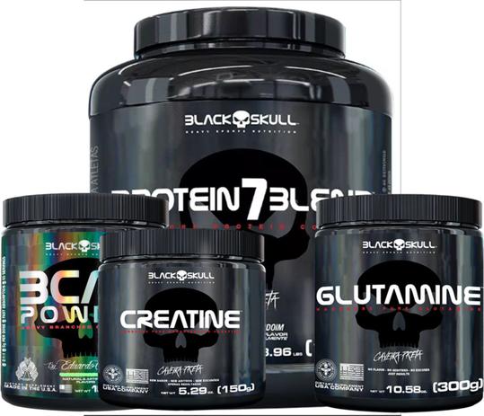 Protein 7 Blend 1,8kg + Glutamina 300g + Creatina 150g + Bcaa Powder 300g - Black Skull Menor preço em Protein 7 Blend 1,8kg + Glutamina 300g + Creatina 150g + Bcaa Powder 300g - Black Skull