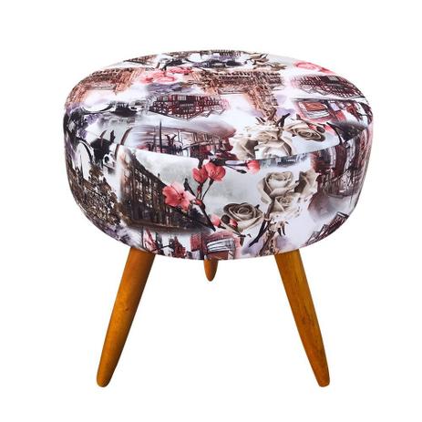 Puff Banqueta Berlim Redondo Estampado Vilage Pés Castanho - DRossi é ruim? Puff Banqueta Berlim Redondo Estampado Vilage Pés Castanho - DRossi é boa?
