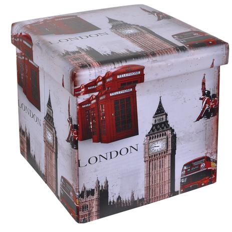 Puff Baú Quadrado com Tampa Estampa London - Bene casa Menor preço em Puff Baú Quadrado com Tampa Estampa London - Bene casa