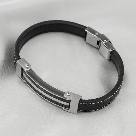 Pulseira de Aço Steel em Couro Preto e Placa Carbonada Trabalhada - Prata fina Menor preço em Pulseira de Aço Steel em Couro Preto e Placa Carbonada Trabalhada - Prata fina