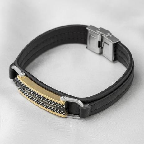 Pulseira de Aço Steel em Couro Preto, Placa Carbonada e Cabo Náutico com Pigmento Cobre - Prata fina Menor preço em Pulseira de Aço Steel em Couro Preto, Placa Carbonada e Cabo Náutico com Pigmento Cobre - Prata fina