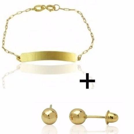 Pulseira De Ouro 18k Infantil Com Placa + Brinco Bolinha 3m - Total pratas Menor preço em Pulseira De Ouro 18k Infantil Com Placa + Brinco Bolinha 3m - Total pratas