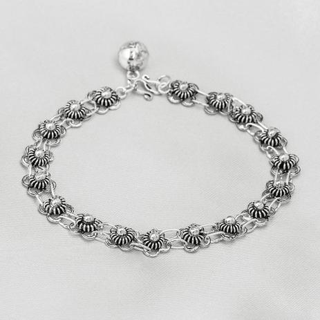 Pulseira de Prata Estilo Bali com Flores e Guizo - Prata fina Menor preço em Pulseira de Prata Estilo Bali com Flores e Guizo - Prata fina