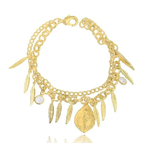 Pulseira Dupla Folhas Pendentes Folheado Ouro 18k - Lunozê Menor preço em Pulseira Dupla Folhas Pendentes Folheado Ouro 18k - Lunozê