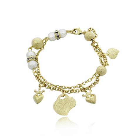 Pulseira Dupla Perolas e Corações Folheado Ouro 18k - Lunozê Menor preço em Pulseira Dupla Perolas e Corações Folheado Ouro 18k - Lunozê