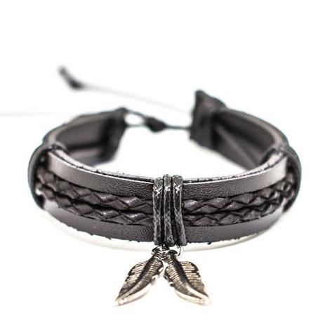 Pulseira Masculina Couro Preto Branco Duas Folhas Ajustável - Colleshop Menor preço em Pulseira Masculina Couro Preto Branco Duas Folhas Ajustável - Colleshop