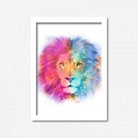 Quadro Decorativo Leão Colorido 45cmx33cm Los Quadros Branco Menor preço em Quadro Decorativo Leão Colorido 45cmx33cm Los Quadros Branco