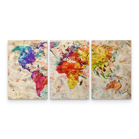 Quadro Decorativo Mapa Mundi Colorido Aquarela Em 3 Telas - Bimper Menor preço em Quadro Decorativo Mapa Mundi Colorido Aquarela Em 3 Telas - Bimper