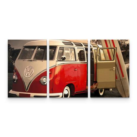 Quadro Kombi Vermelha Vintage Retrô Surf Praia Em 3 Telas - Bimper Menor preço em Quadro Kombi Vermelha Vintage Retrô Surf Praia Em 3 Telas - Bimper